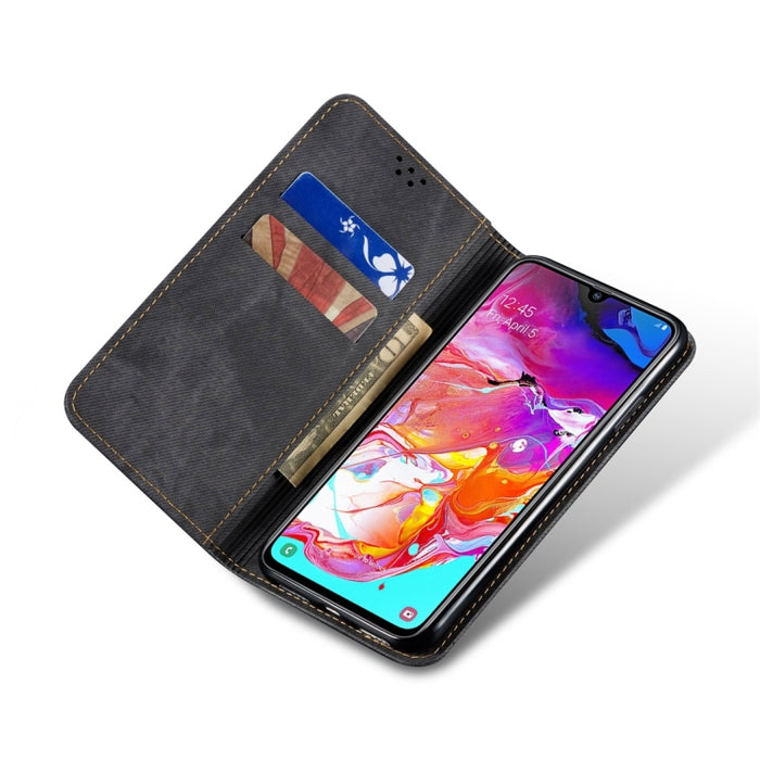 Estuche de cuero con tapa horizontal de estilo casual de textura de mezclilla con soporte y ranuras para tarjetas y billetera, For Galaxy A70, For Galaxy M30s, For Galaxy A10s, For Galaxy A20 / A30, For Galaxy A20s, For Galaxy A50s / A50 / A30s        ...