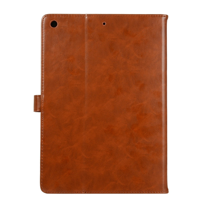 Estuche de cuero con tapa horizontal con textura de caballo loco con hebilla y soporte y ranuras para tarjetas y billetera y marco de fotos