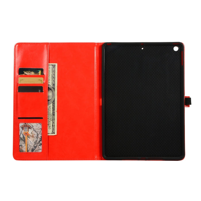 Estuche de cuero con tapa horizontal con textura de caballo loco con hebilla y soporte y ranuras para tarjetas y billetera y marco de fotos