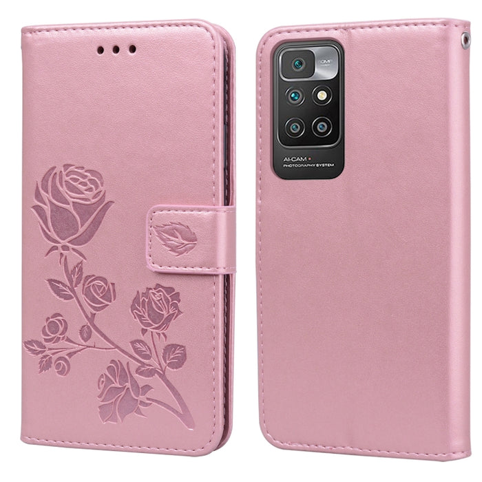 Estuche de cuero de PU con tapa horizontal en relieve rosa con soporte y ranuras para tarjetas y billetera, For Xiaomi Redmi 10
