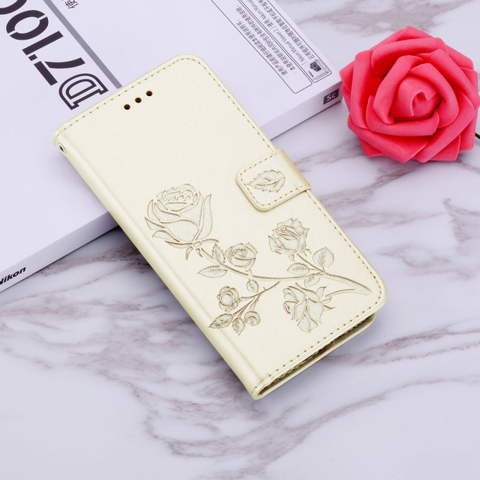 Estuche de cuero de PU con tapa horizontal en relieve rosa con soporte y ranuras para tarjetas y billetera