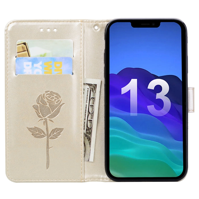 Estuche de cuero de PU con tapa horizontal en relieve rosa con soporte y ranuras para tarjetas y billetera