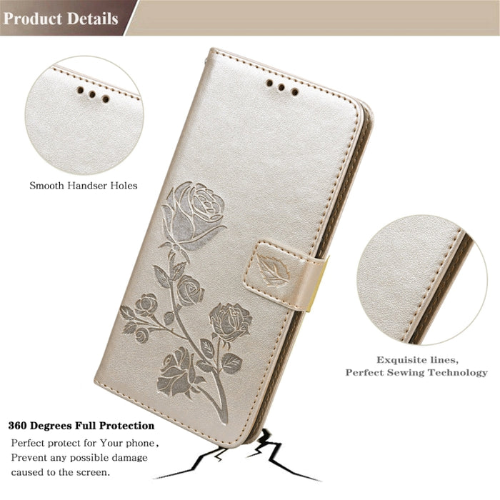 Estuche de cuero de PU con tapa horizontal en relieve rosa con soporte y ranuras para tarjetas y billetera