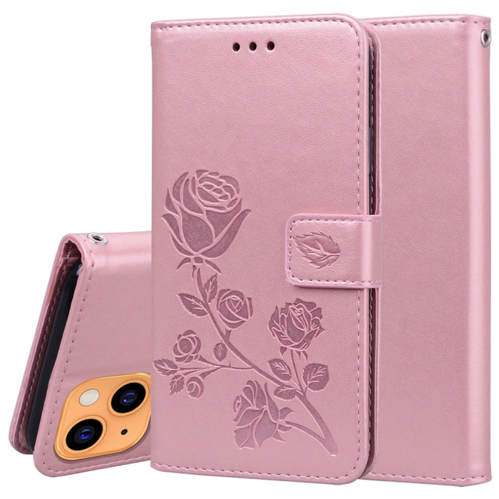 Estuche de cuero de PU con tapa horizontal en relieve rosa con soporte y ranuras para tarjetas y billetera