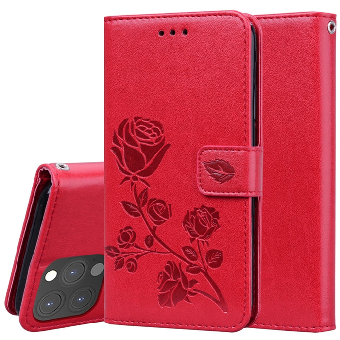 Estuche de cuero de PU con tapa horizontal en relieve rosa con soporte y ranuras para tarjetas y billetera