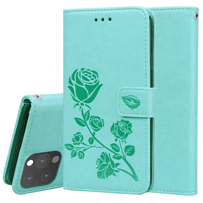 Estuche de cuero de PU con tapa horizontal en relieve rosa con soporte y ranuras para tarjetas y billetera