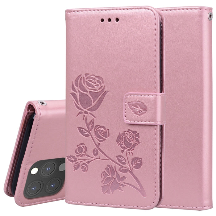 Estuche de cuero de PU con tapa horizontal en relieve rosa con soporte y ranuras para tarjetas y billetera