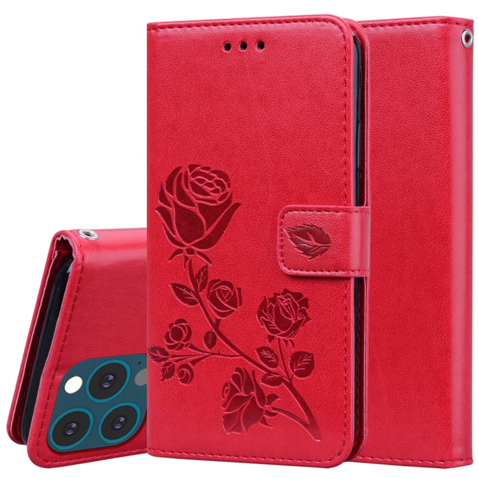 Estuche de cuero de PU con tapa horizontal en relieve rosa con soporte y ranuras para tarjetas y billetera