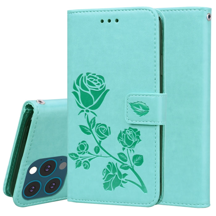 Estuche de cuero de PU con tapa horizontal en relieve rosa con soporte y ranuras para tarjetas y billetera
