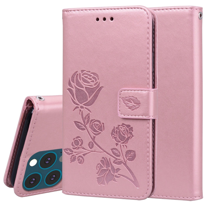 Estuche de cuero de PU con tapa horizontal en relieve rosa con soporte y ranuras para tarjetas y billetera