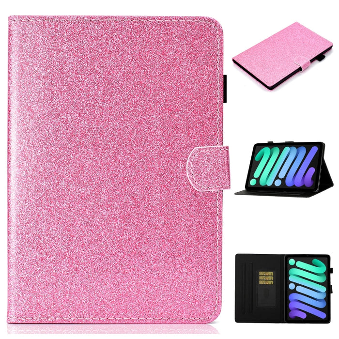 Estuche de cuero con tapa horizontal con polvo de brillo brillante con soporte y ranura para tarjeta y función de suspensión / activación
