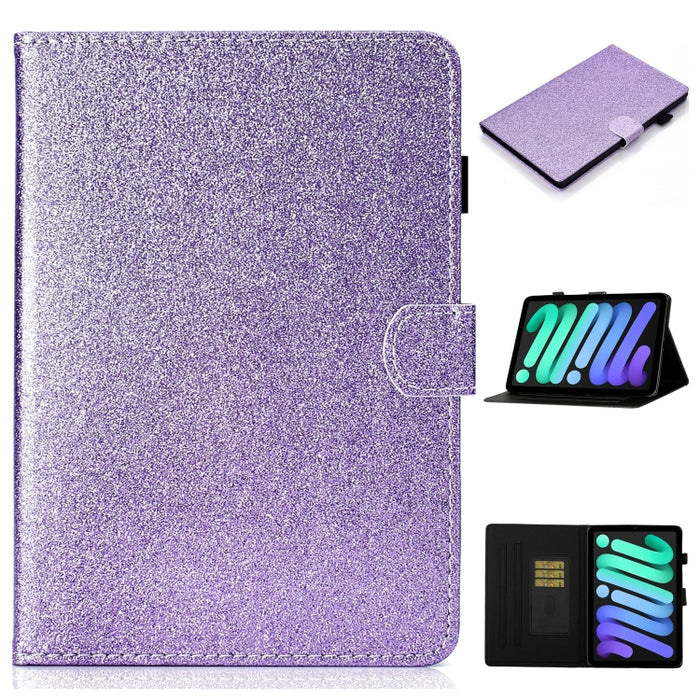 Estuche de cuero con tapa horizontal con polvo de brillo brillante con soporte y ranura para tarjeta y función de suspensión / activación