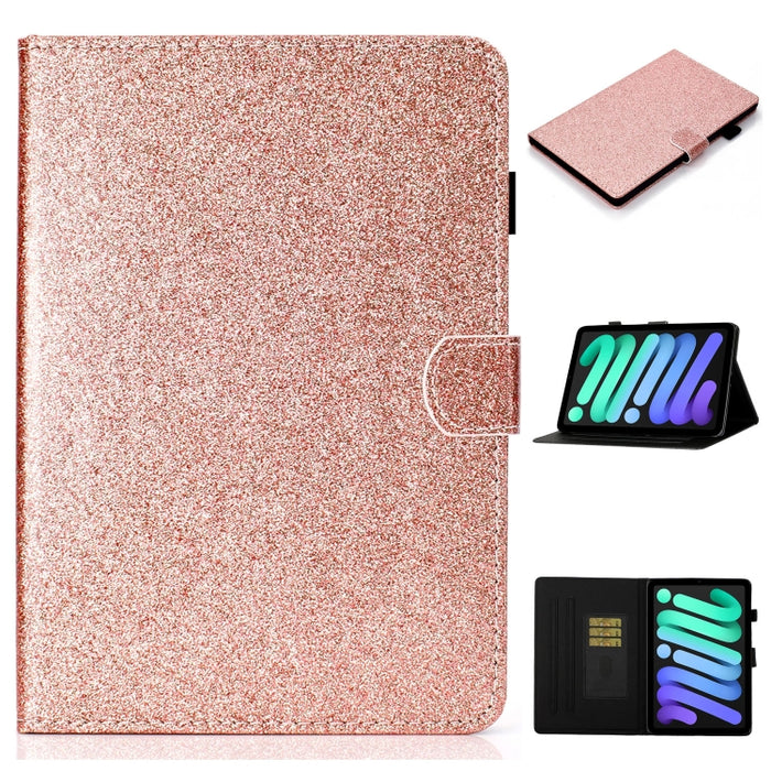 Estuche de cuero con tapa horizontal con polvo de brillo brillante con soporte y ranura para tarjeta y función de suspensión / activación