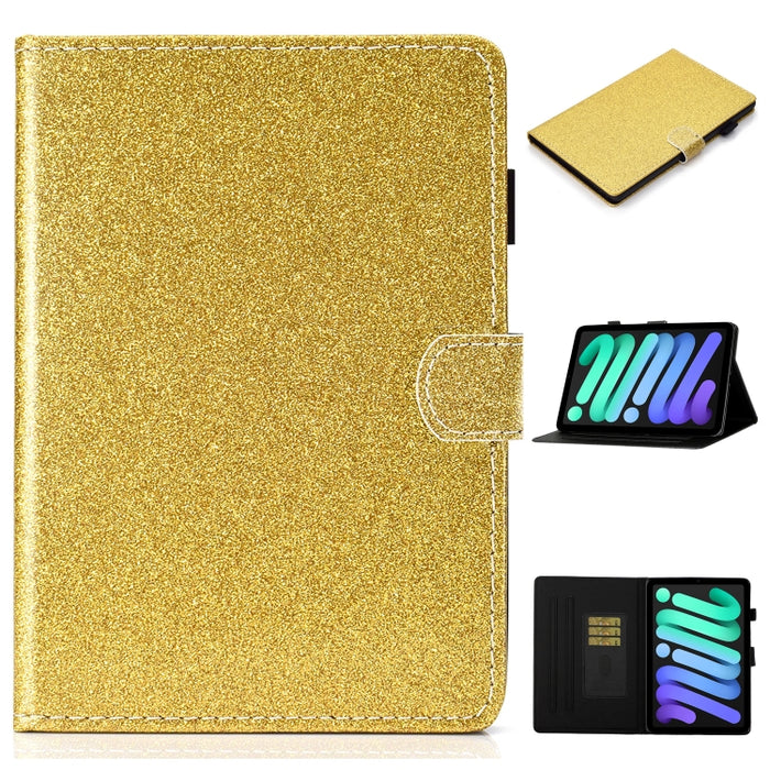 Estuche de cuero con tapa horizontal con polvo de brillo brillante con soporte y ranura para tarjeta y función de suspensión / activación