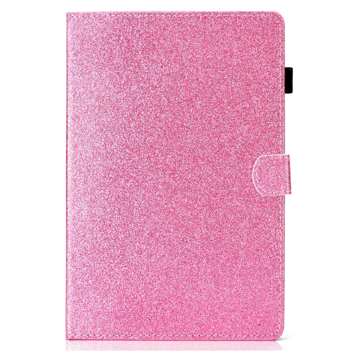 Estuche de cuero con tapa horizontal en polvo con purpurina barnizada con soporte y ranura para tarjeta