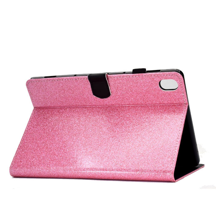 Estuche de cuero con tapa horizontal en polvo con purpurina barnizada con soporte y ranura para tarjeta