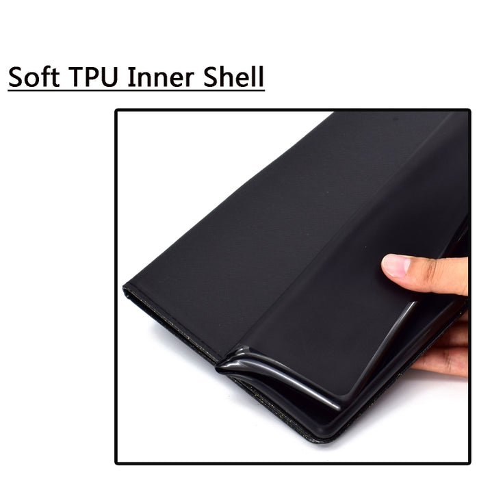 Estuche de cuero con tapa horizontal en polvo con purpurina barnizada con soporte y ranura para tarjeta