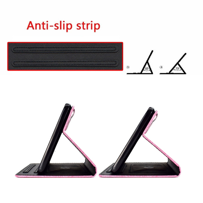 Estuche de cuero con tapa horizontal en polvo con purpurina barnizada con soporte y ranura para tarjeta