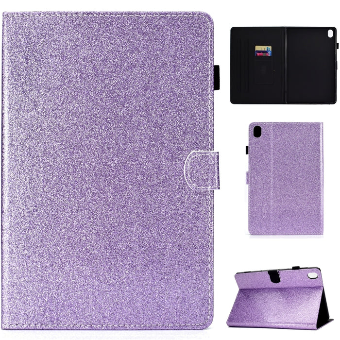 Estuche de cuero con tapa horizontal en polvo con purpurina barnizada con soporte y ranura para tarjeta