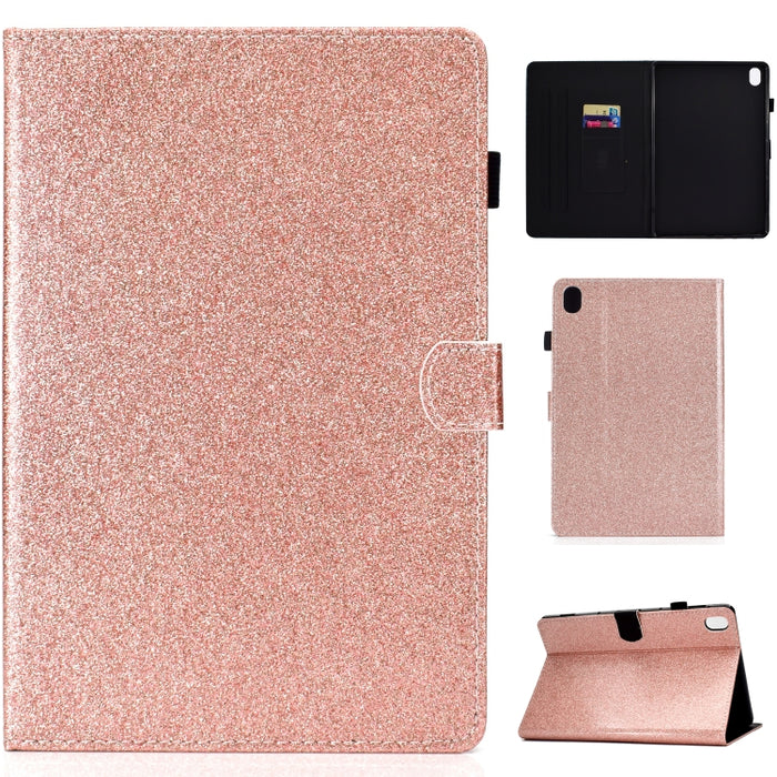 Estuche de cuero con tapa horizontal en polvo con purpurina barnizada con soporte y ranura para tarjeta