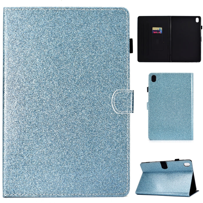 Estuche de cuero con tapa horizontal en polvo con purpurina barnizada con soporte y ranura para tarjeta