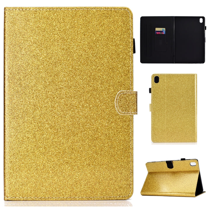 Estuche de cuero con tapa horizontal en polvo con purpurina barnizada con soporte y ranura para tarjeta
