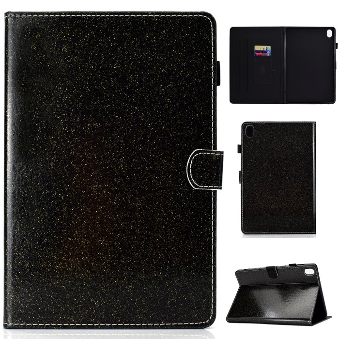 Estuche de cuero con tapa horizontal en polvo con purpurina barnizada con soporte y ranura para tarjeta