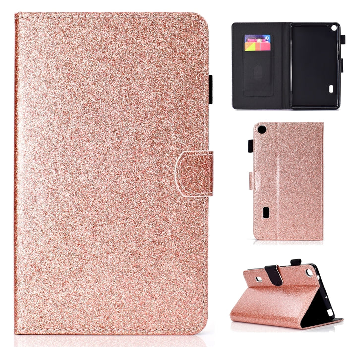 Estuche de cuero con tapa horizontal en polvo con purpurina barnizada con soporte y ranura para tarjeta