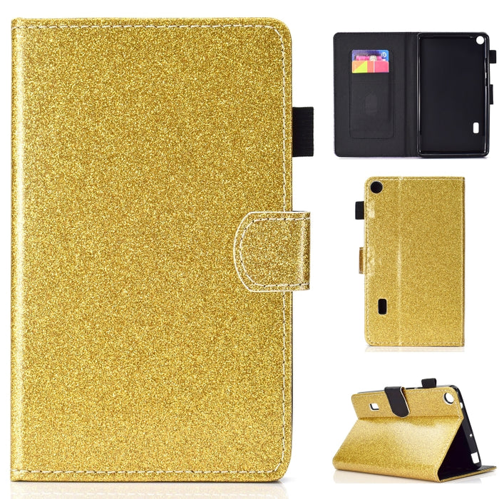 Estuche de cuero con tapa horizontal en polvo con purpurina barnizada con soporte y ranura para tarjeta