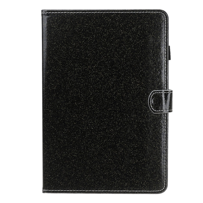 Estuche de cuero con tapa horizontal en polvo con purpurina barnizada con soporte y ranura para tarjeta