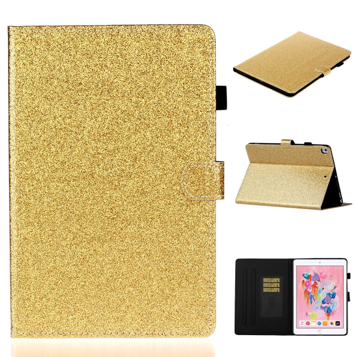 Estuche de cuero con tapa horizontal en polvo con purpurina barnizada con soporte y ranura para tarjeta