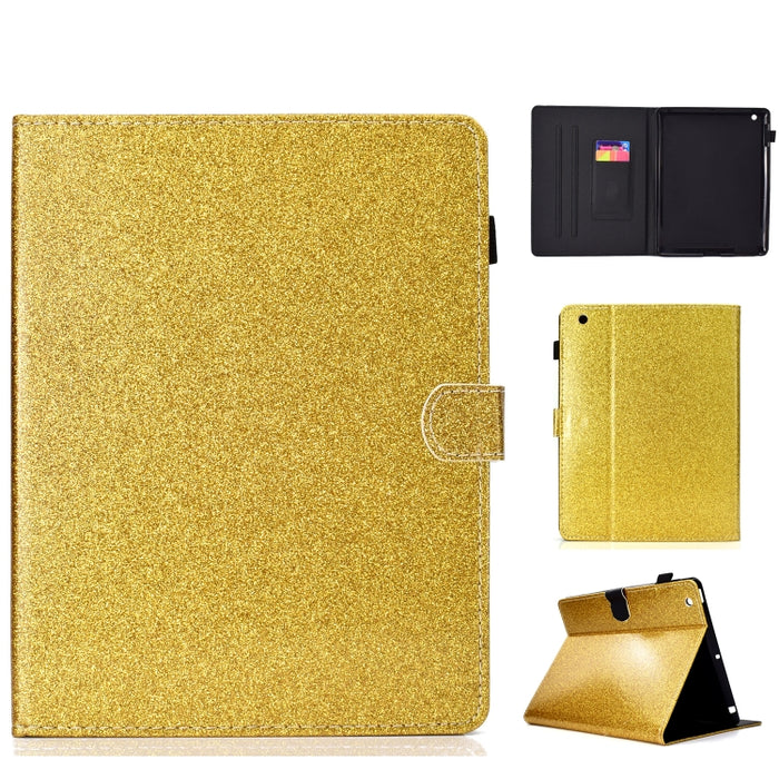 Estuche de cuero con tapa horizontal en polvo con purpurina barnizada con soporte y ranura para tarjeta