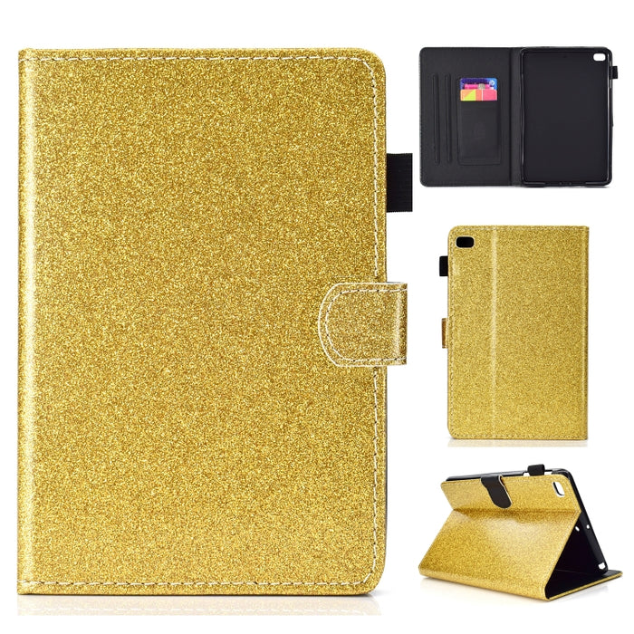Estuche de cuero con tapa horizontal en polvo con purpurina barnizada con soporte y ranura para tarjeta