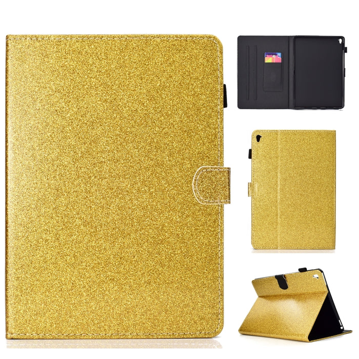 Estuche de cuero con tapa horizontal en polvo con purpurina barnizada con soporte y ranura para tarjeta