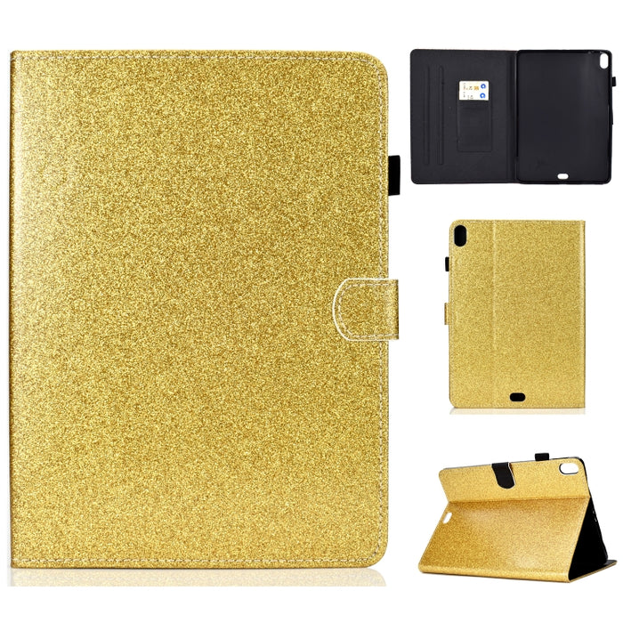 Estuche de cuero con tapa horizontal en polvo con purpurina barnizada con soporte y ranura para tarjeta