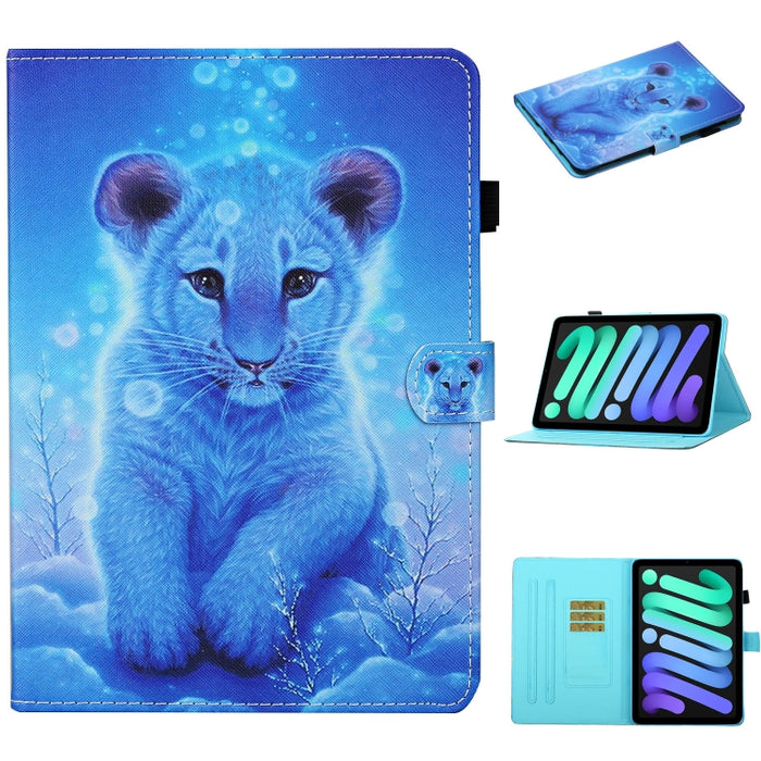 Estuche de cuero con tapa horizontal con costuras de dibujo a color con soporte y ranura para tarjeta y función de suspensión / activación, For iPad mini 2024 / mini 6