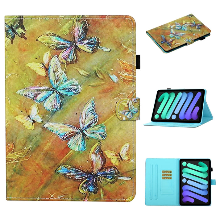 Estuche de cuero con tapa horizontal con costuras de dibujo a color con soporte y ranura para tarjeta y función de suspensión / activación, For iPad mini 2024 / mini 6