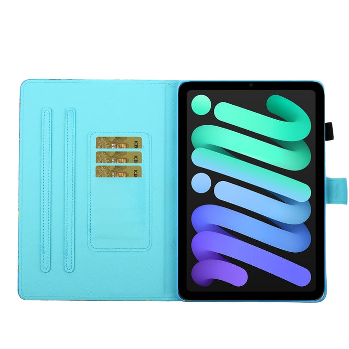 Estuche de cuero con tapa horizontal con costuras de dibujo a color con soporte y ranura para tarjeta y función de suspensión / activación, For iPad mini 2024 / mini 6