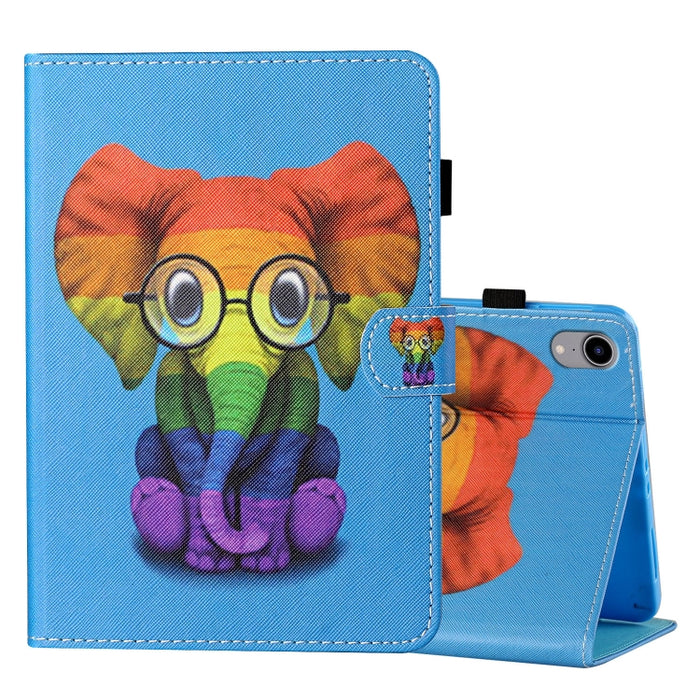 Estuche de cuero con tapa horizontal con costuras de dibujo a color con soporte y ranura para tarjeta y función de suspensión / activación
