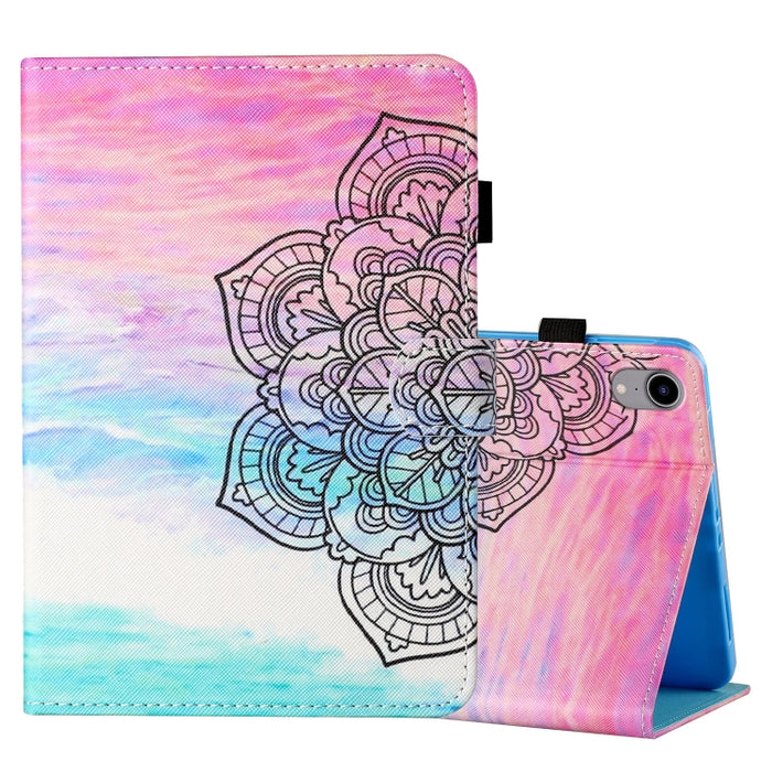 Estuche de cuero con tapa horizontal con costuras de dibujo a color con soporte y ranura para tarjeta y función de suspensión / activación