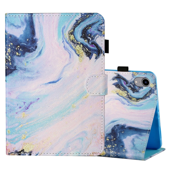Estuche de cuero con tapa horizontal con costuras de dibujo a color con soporte y ranura para tarjeta y función de suspensión / activación