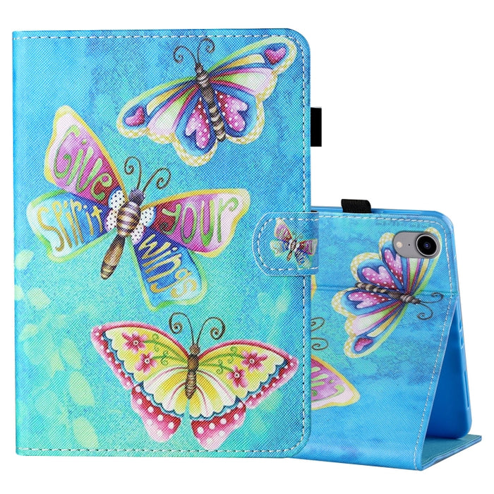 Estuche de cuero con tapa horizontal con costuras de dibujo a color con soporte y ranura para tarjeta y función de suspensión / activación