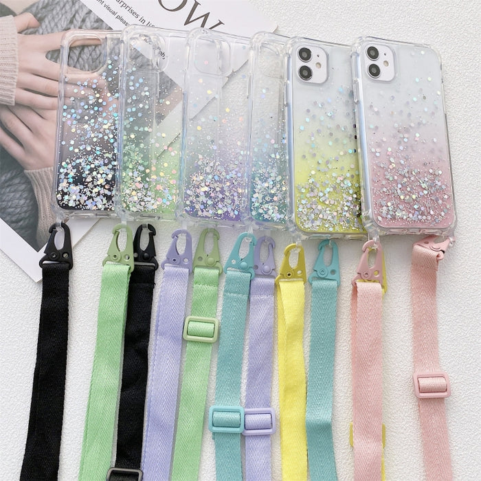 Gradient Glitter Powder Epoxy TPU Estuche acrílico engrosado a prueba de golpes con cordón de cuello ancho