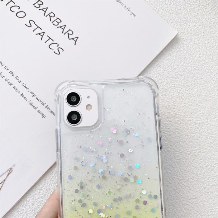 Gradient Glitter Powder Epoxy TPU Estuche acrílico engrosado a prueba de golpes con cordón de cuello ancho