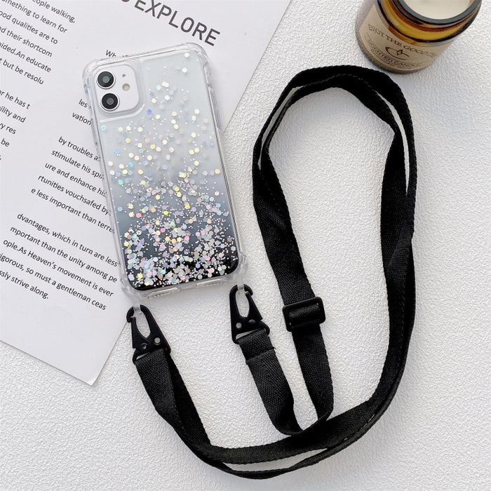 Gradient Glitter Powder Epoxy TPU Estuche acrílico engrosado a prueba de golpes con cordón de cuello ancho