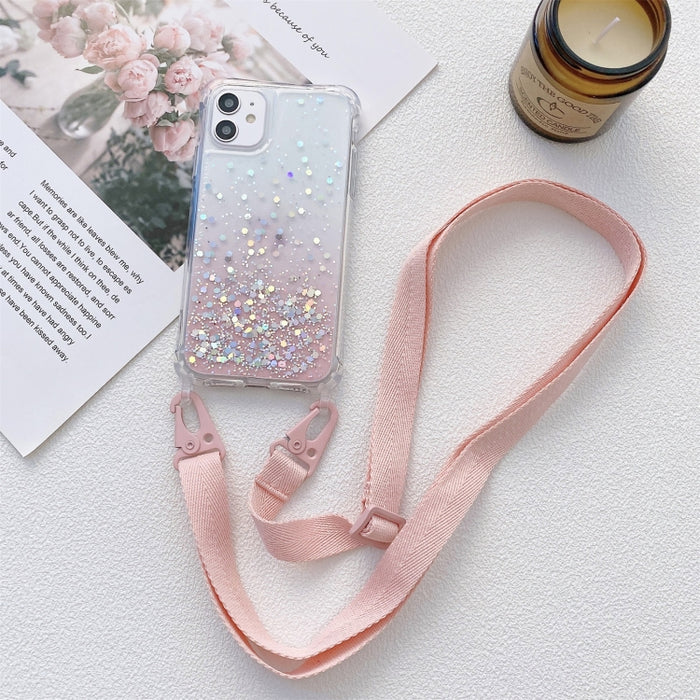 Gradient Glitter Powder Epoxy TPU Estuche acrílico engrosado a prueba de golpes con cordón de cuello ancho