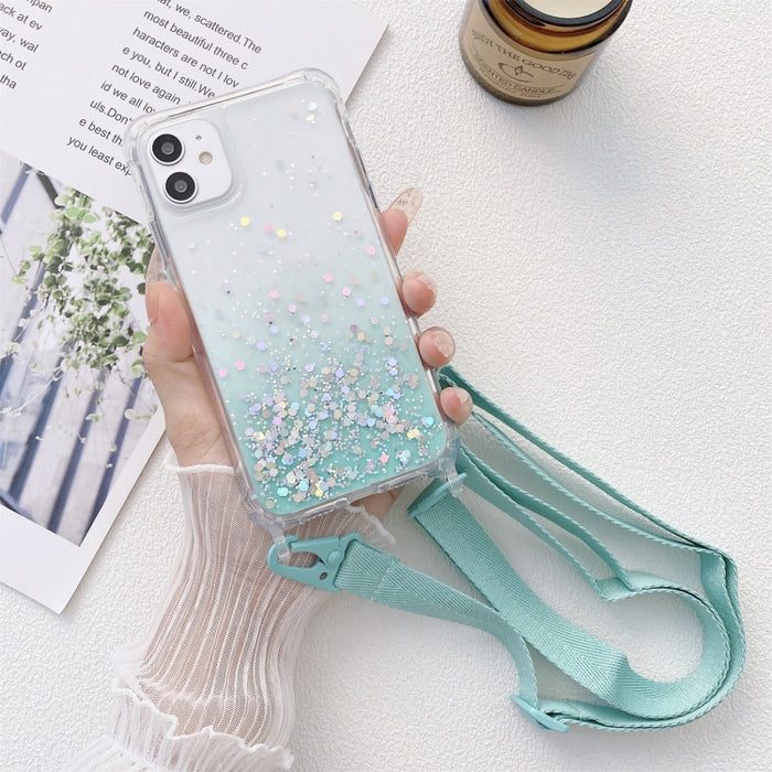 Gradient Glitter Powder Epoxy TPU Estuche acrílico engrosado a prueba de golpes con cordón de cuello ancho