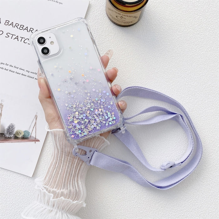 Gradient Glitter Powder Epoxy TPU Estuche acrílico engrosado a prueba de golpes con cordón de cuello ancho