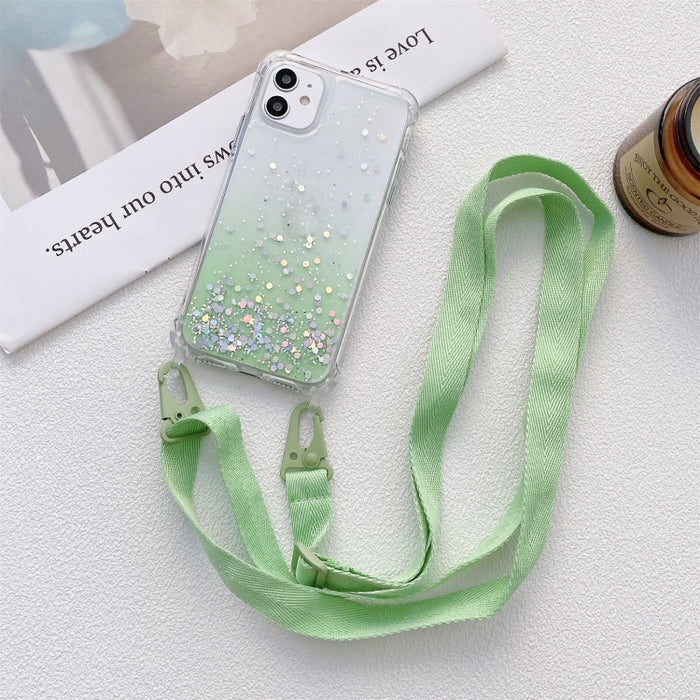 Gradient Glitter Powder Epoxy TPU Estuche acrílico engrosado a prueba de golpes con cordón de cuello ancho