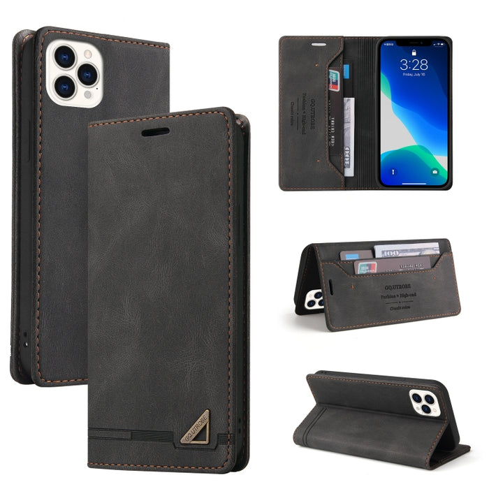 Estuche de cuero con tapa horizontal con cepillo antirrobo Skin Feel con soporte, ranuras para tarjetas y billetera